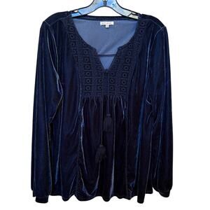 Kate & Sam Midnight Blue Velvet Boho Peasant Style Blouse with Tassels size XL